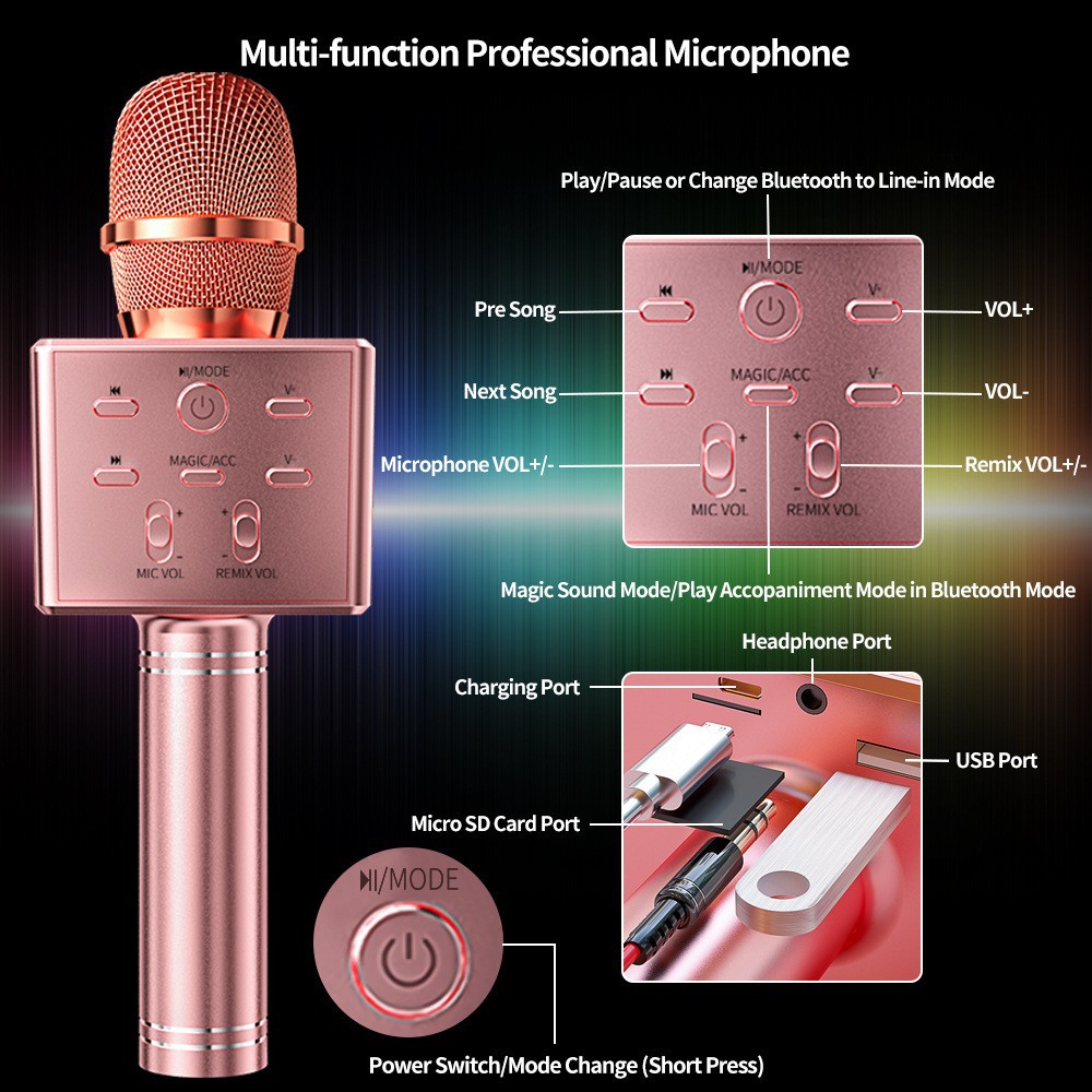 ❏K8 Micro Karaoke Bluetooth không dây Hợp kim nhôm cầm tay Đa chức năng 3 Loa lớn hơn Đầu phát 15W Giọng nói có thể