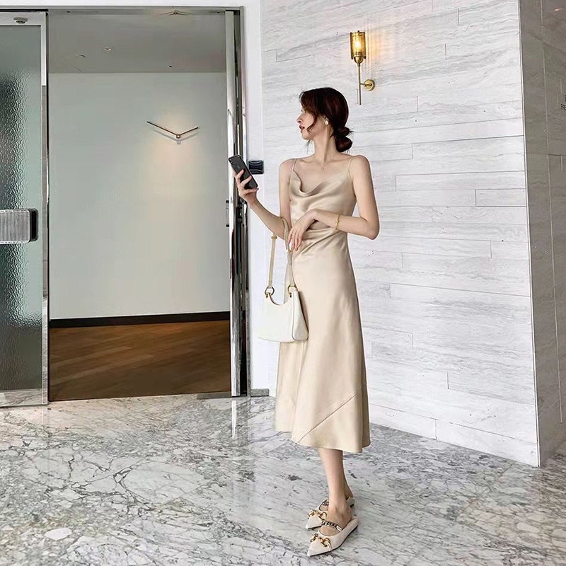 Đầm midi IELGY hai dây dáng chữ A màu trơn thời trang mùa hè cho nữ