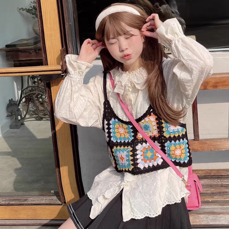 Áo Croptop Hai Dây Dệt Kim Khoét Rỗng Màu Cầu Vồng Cho Nữ