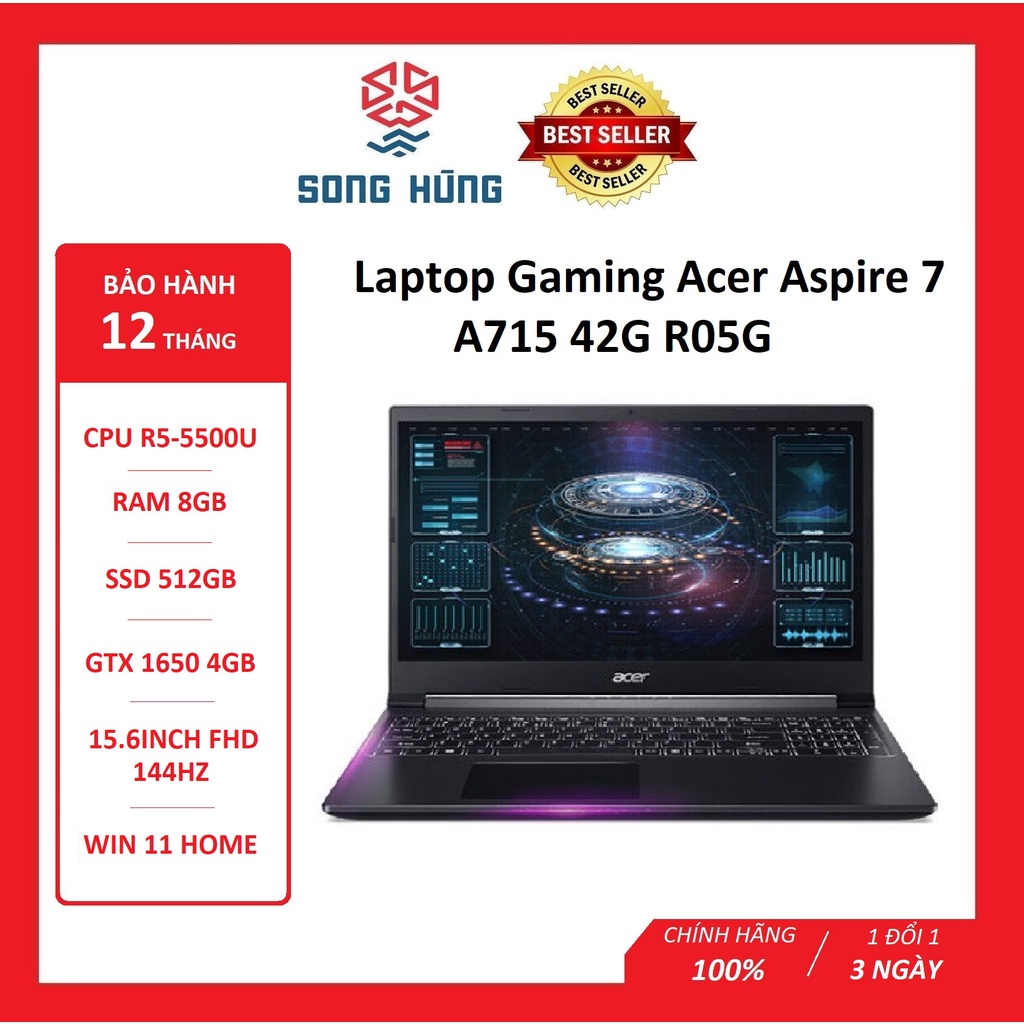 Laptop Acer Aspire A715-42G-R05G (R5-5500U/8GD4/512GB SSD_PCIe/15.6FHD144Hz/IPS/3C/Đen/W11SL/4GD6_GTX1650) - BH 12 THÁNG