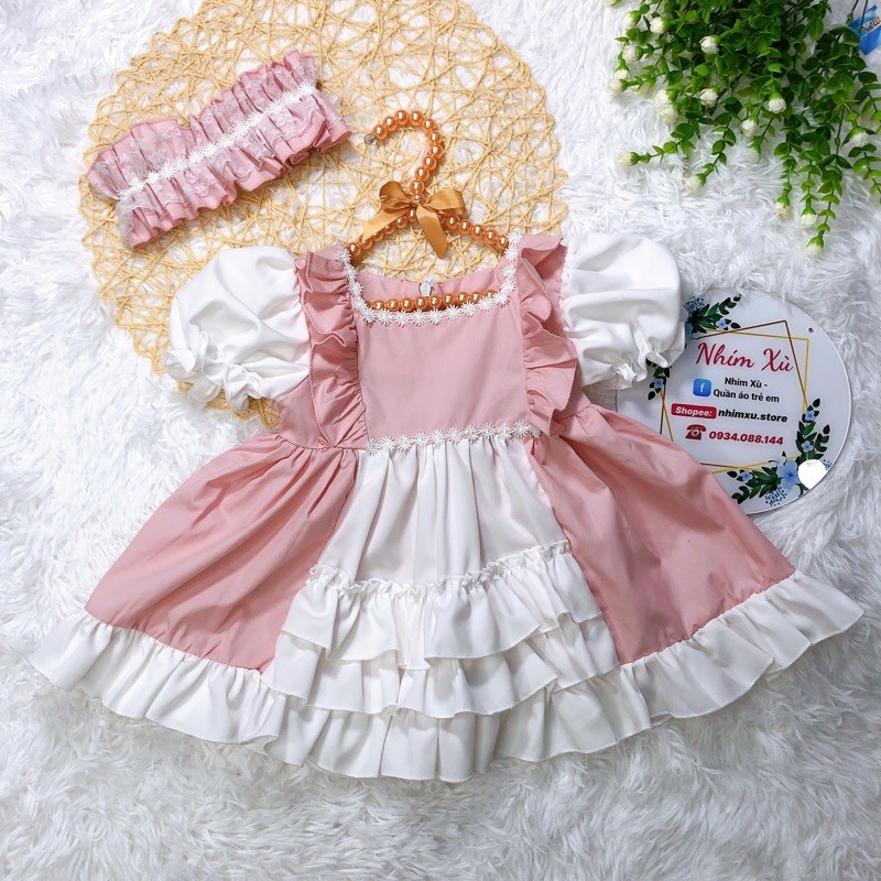 Váy Lolita bèo hồng bé gái 4 đến 17kg, Đầm bé gái xinh xắn