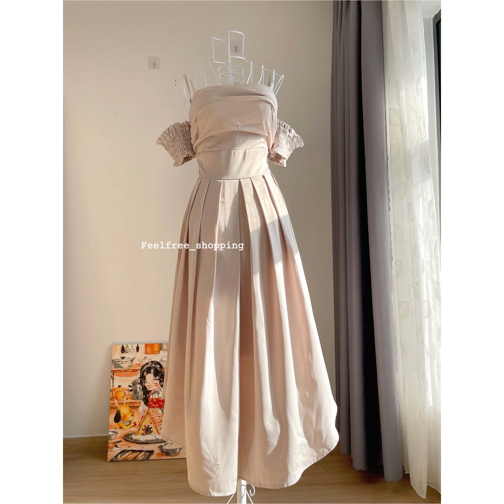 Đầm Be Nâu Feelfree Lưng Thun 2 Dây Trễ Vai 2 Lớp Mặc Đi Tiệc, Đi Chơi, Kỷ Yếu (Hình Thật) S034