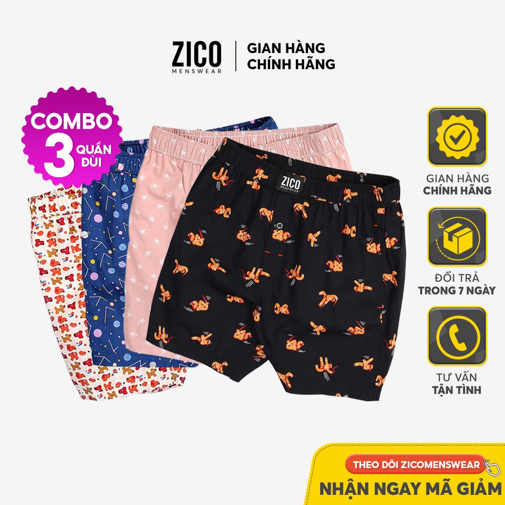 Combo 3 quần đùi nam ZICO MENSWEAR - Quần đùi ngủ nam, quần đùi mặc nhà nam lưng thun co dãn, thấm hút mồ hôi - ZC