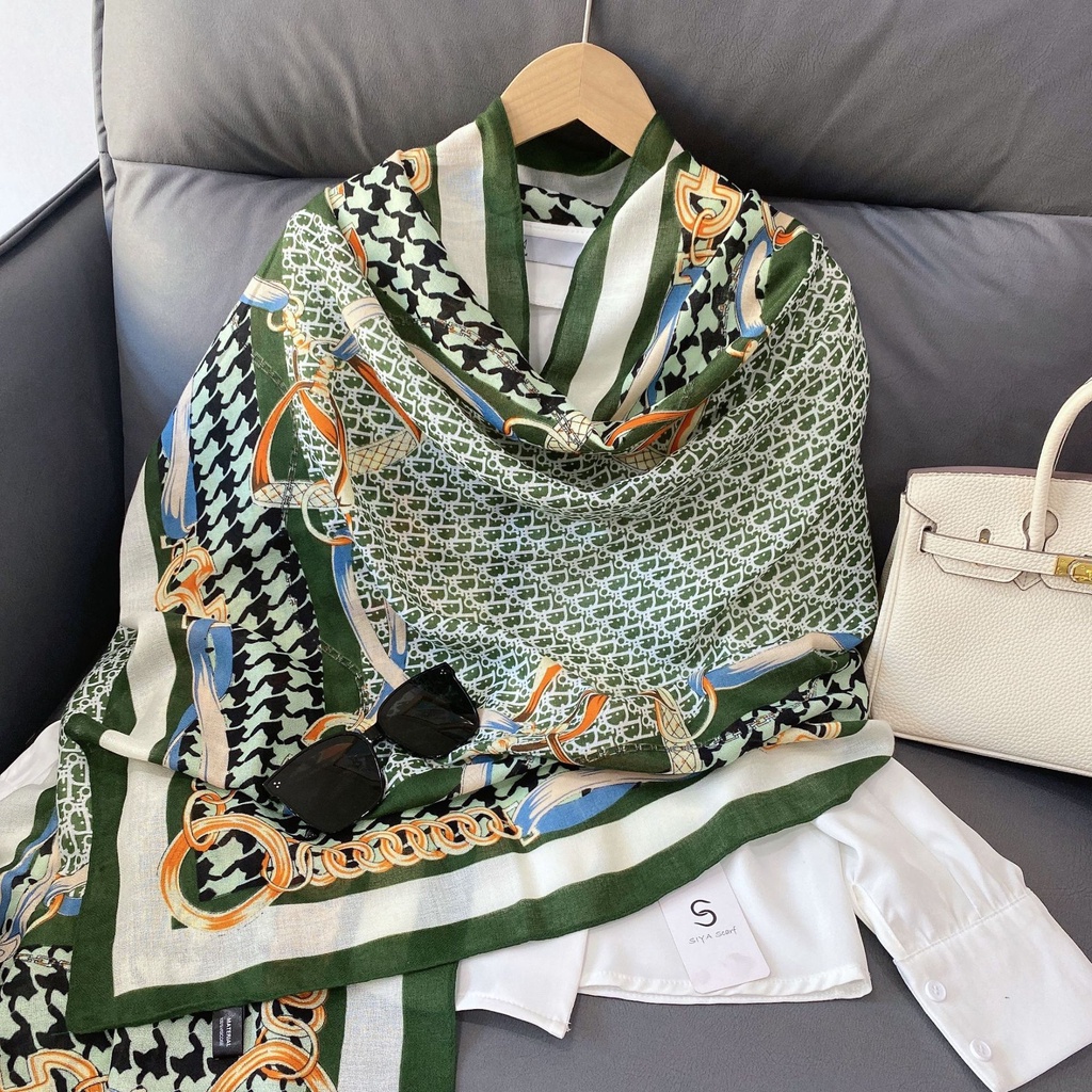 Khăn Choàng Lụa Cotton Lanh Chống Nắng Phối Dây Xích Phong Cách Âu Mỹ Thời Trang Cho Nữ Giao Hàng 24H