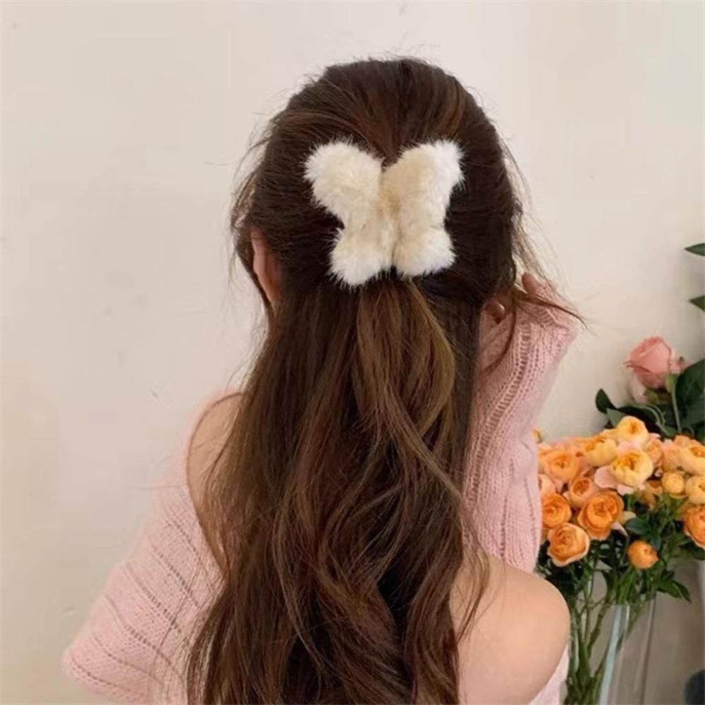 Kẹp Tóc Hình Bướm / Cá Mập Phủ Lông Phong Cách Hàn Quốc Đơn Giản Cho Nữ
