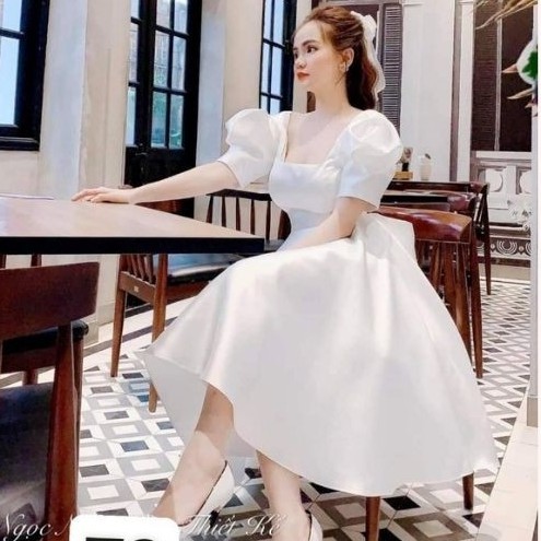 Váy Thiết Kế Xòe a thiết kế hàn quốc, Váy xòe a trắng cổ vuông tay bồng, nơ lưng cá tính V03 | BigBuy360 - bigbuy360.vn