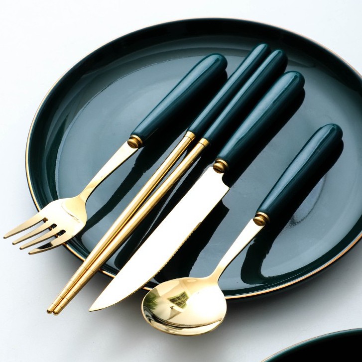 Thìa inox, dao dĩa dũa muỗng inox mạ vàng, tay cầm bằng gốm màu xanh cổ vịt sang trọng cho bàn ăn