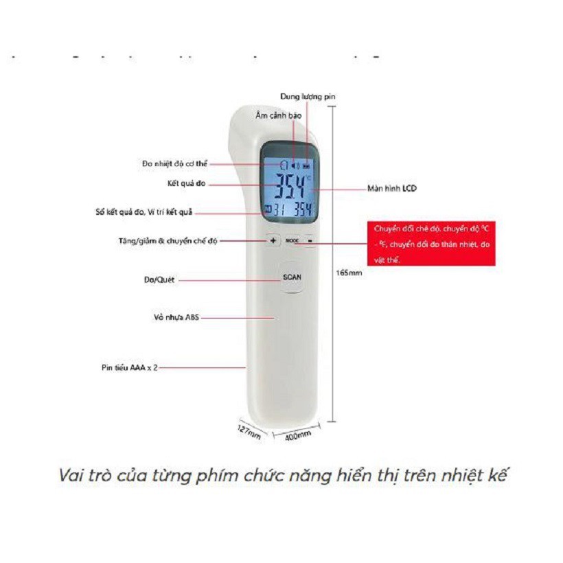 Máy đo thân nhiệt, nhiệt kế hồng ngoại đo không cần chạm trán, tai, cảnh báo sốt khi nhiệt độ lên đến 38 độ C- Giá tốt