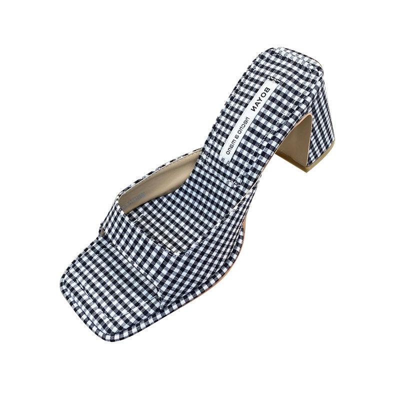 Giày Sandal Cao Gót Mũi Vuông Đế Dày Họa Tiết Sọc Caro Màu Sắc Tương Phản Thời Trang Pháp Cho Nữ