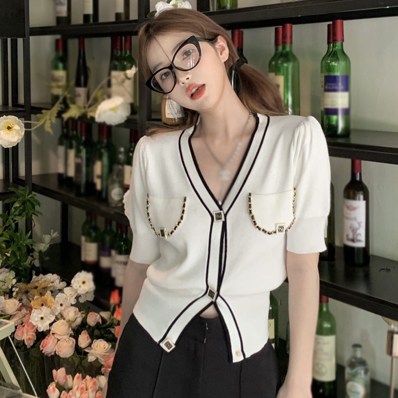 Áo Cardigan Dệt Kim Tay Ngắn Cổ Chữ V Form Ôm Thời Trang Cho Nữ
