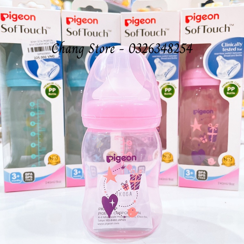 [CHÍNH HÃNG] Bình sữa Cổ Rộng PP Plus Pigeon hoạ tiết Xanh/ Hồng Cho bé từ 0M+ 160ml, 240ml