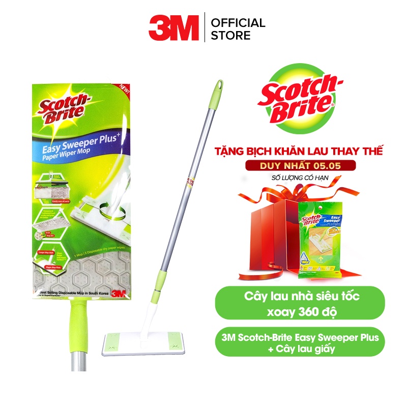 Cây lau nhà siêu tốc dùng khăn giấy thay thế Scotch Brite 3M đa năng, xoay 360 độ