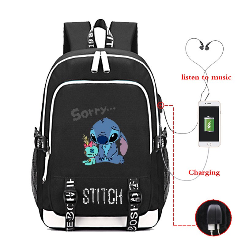 Balo học sinh có ngăn đựng sạc cổng USB sạc điện thoại in hình Stitch em bé