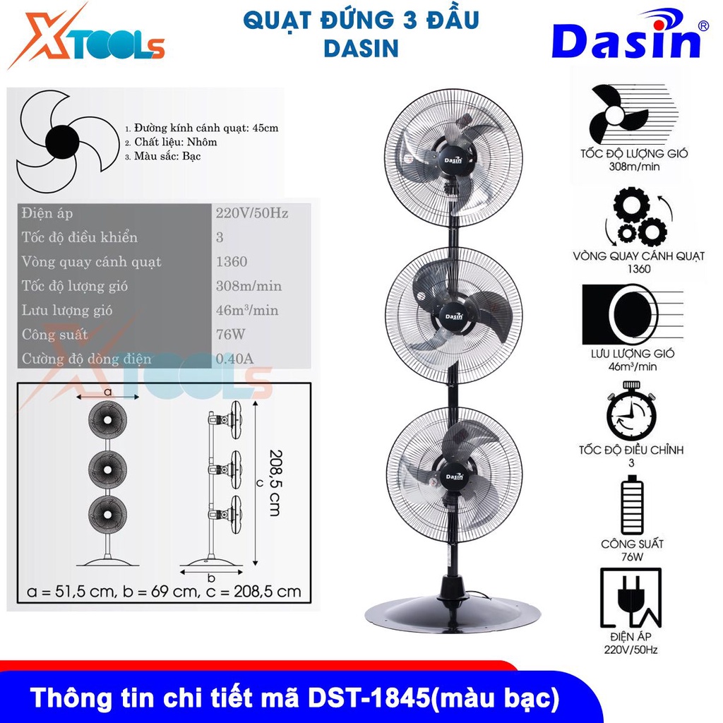 Quạt đứng 3 đầu Dasin Công suất: 41W-76W, hai màu: đen, bạc, Chất liệu: Nhôm, Quạt đứng công nghiệp [CHÍNH HÃNG][XTOOLS]