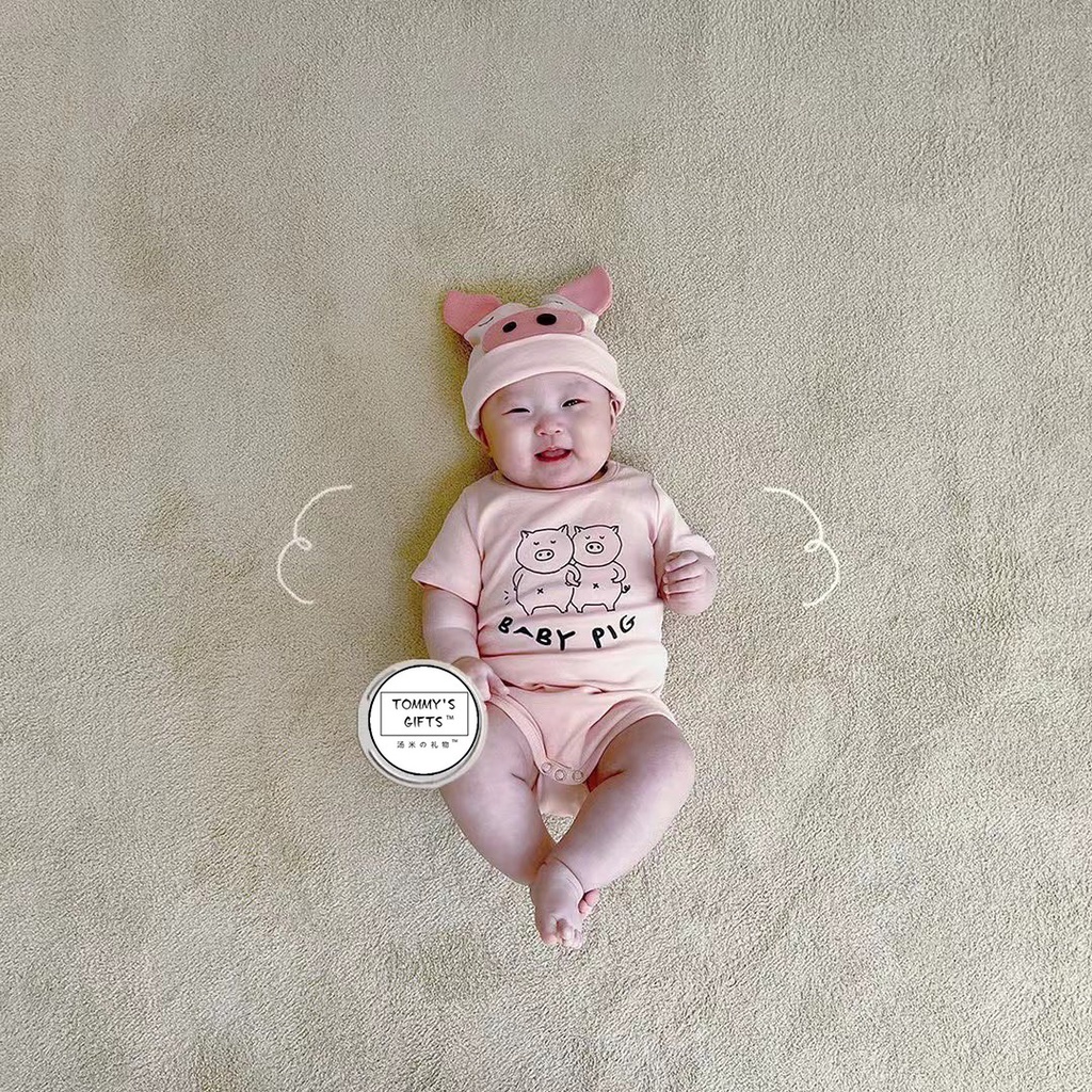 Bộ Áo Liền Quần Tay Ngắn + Mũ Hình Chú Heo Hồng Dễ Thương Thời Trang Mùa Hè Cho Bé Sơ Sinh