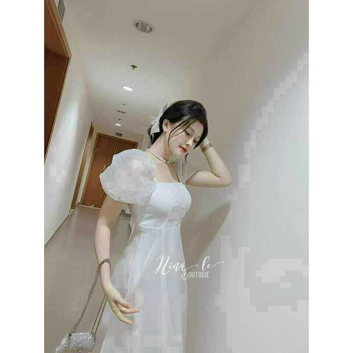 Đầm váy dự tiệc đính cườm dáng xòe voan tơ bóng kèm lót