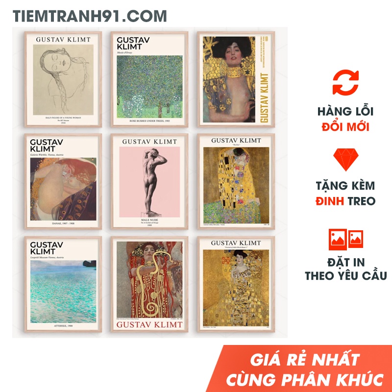 Tranh treo tường phòng khách Gustav Klimt quyến rũ, độc đáo, TIỆM TRANH 91, tranh canvas bền, Tặng kèm đinh treo tranh