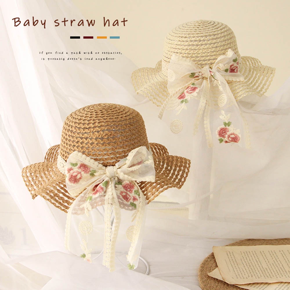 Mũ cói BEAR LEADER vành rộng phối ren hoa tùy chọn màu sắc thời trang mùa hè 2022 cho bé gái