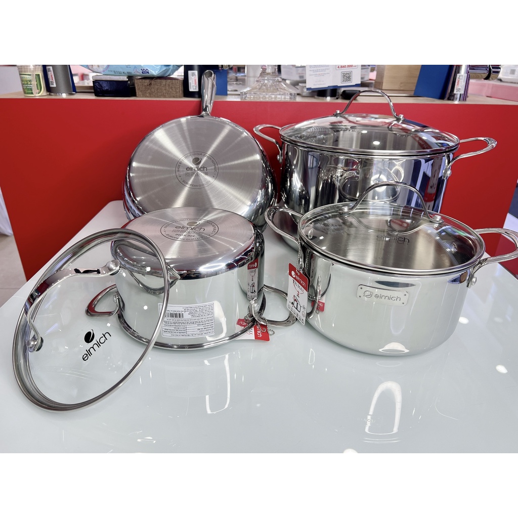 Bộ nồi chảo inox Elmich 3742 inox 304 trimax đáy liền nguyên khối  18CM, 20CM, 26CM chảo 26CM