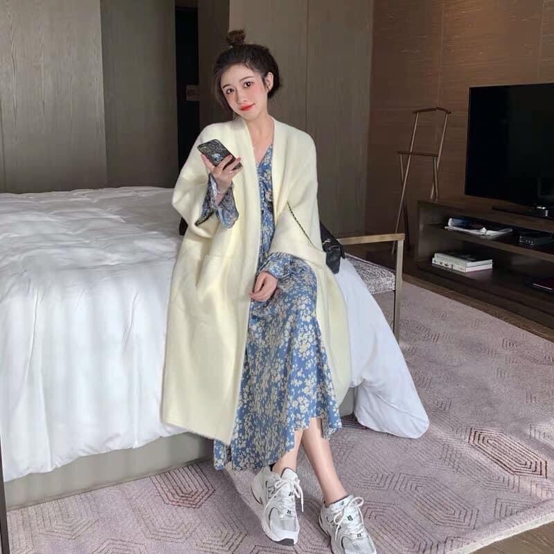 Áo cardigan lông thỏ dáng dài phong cách vintage mùa đông 2022