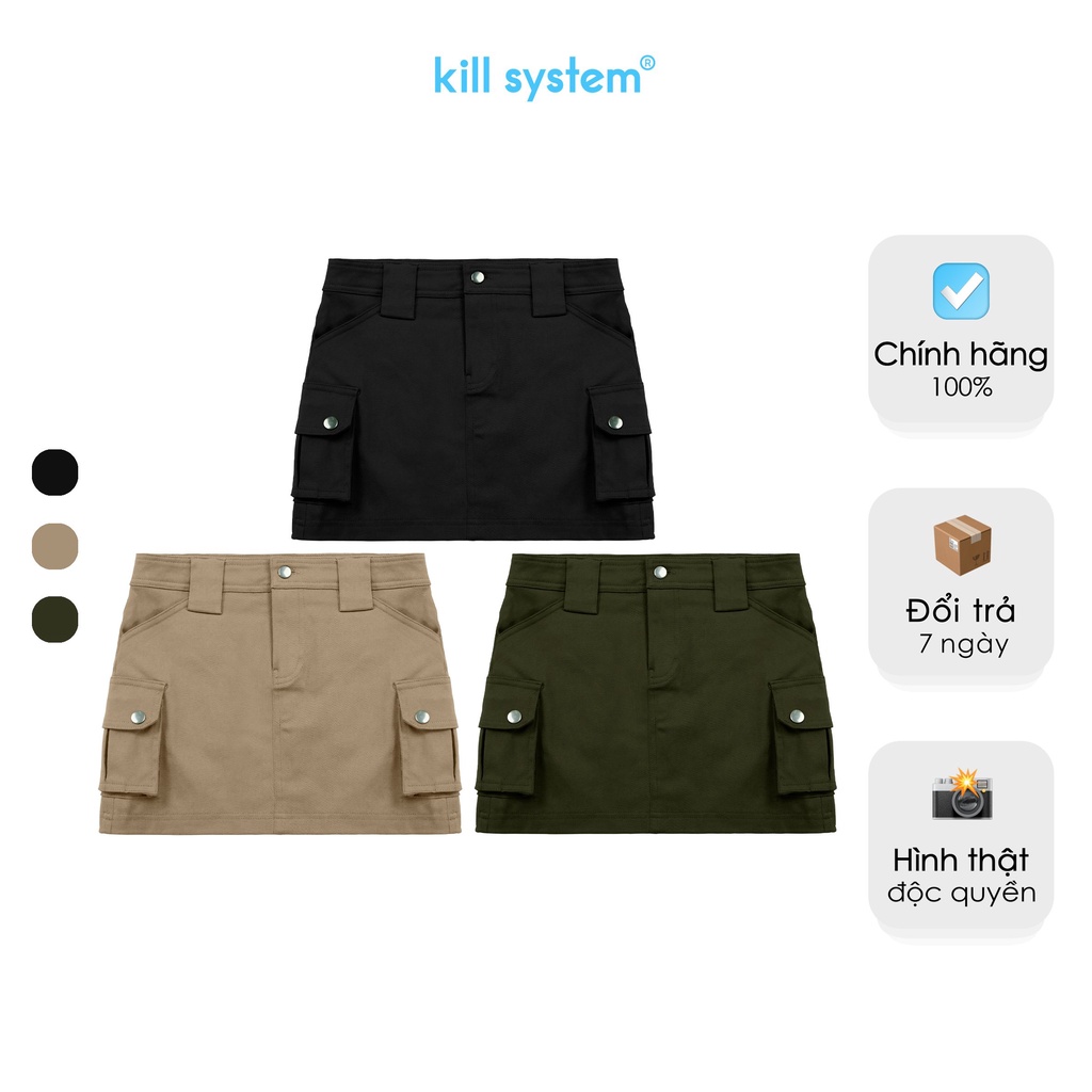 Chân váy kaki túi hộp y2k màu đen, rêu, nâu dáng ngắn (có lót) chất liệu co giãn Cargo Mini Skirt KillSystem