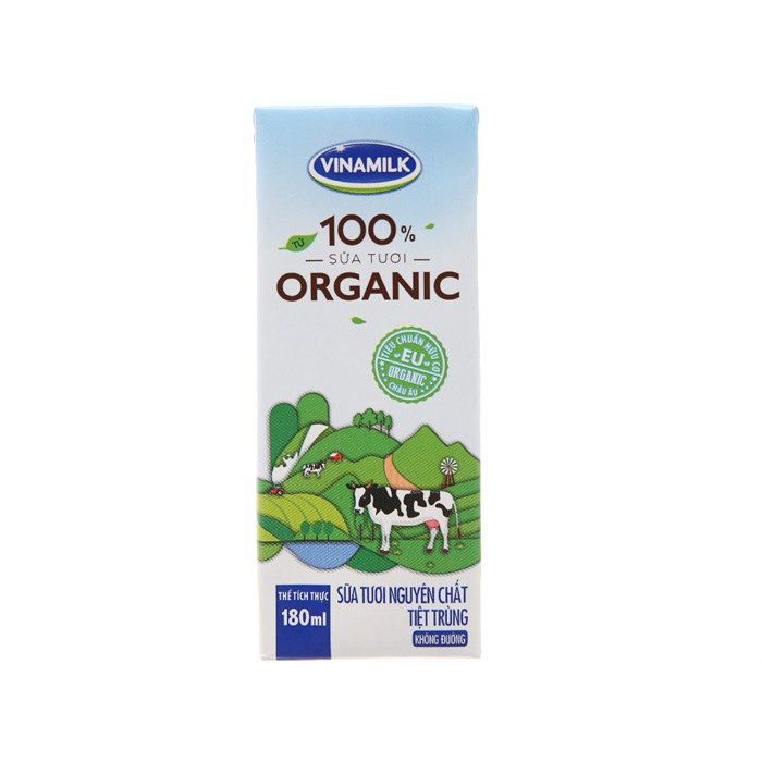 hộp sữa tươi nguyên chất không đường Vinamilk 100% Organic 180ml