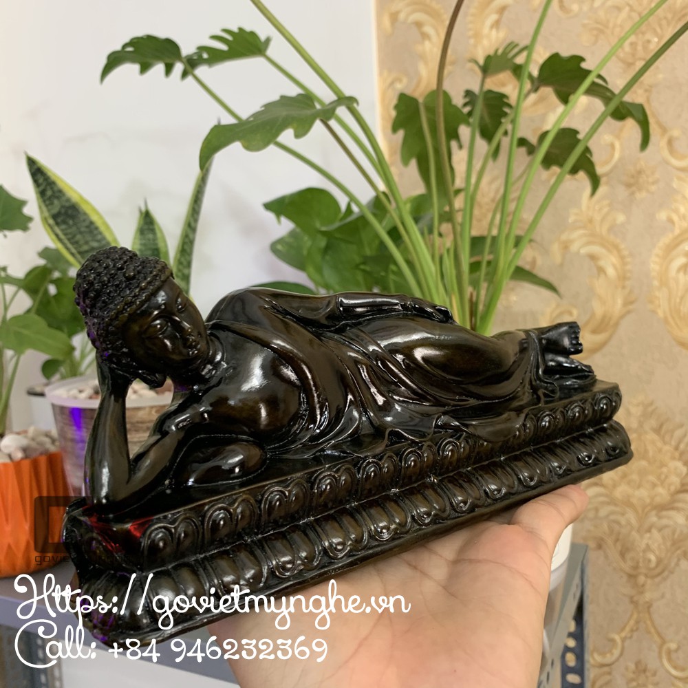 Tượng đá trang trí tượng Phật Thích Ca nhập niết bàn - Tượng Phật Thích Ca Nằm - Dài 23cm - Màu nâu đen
