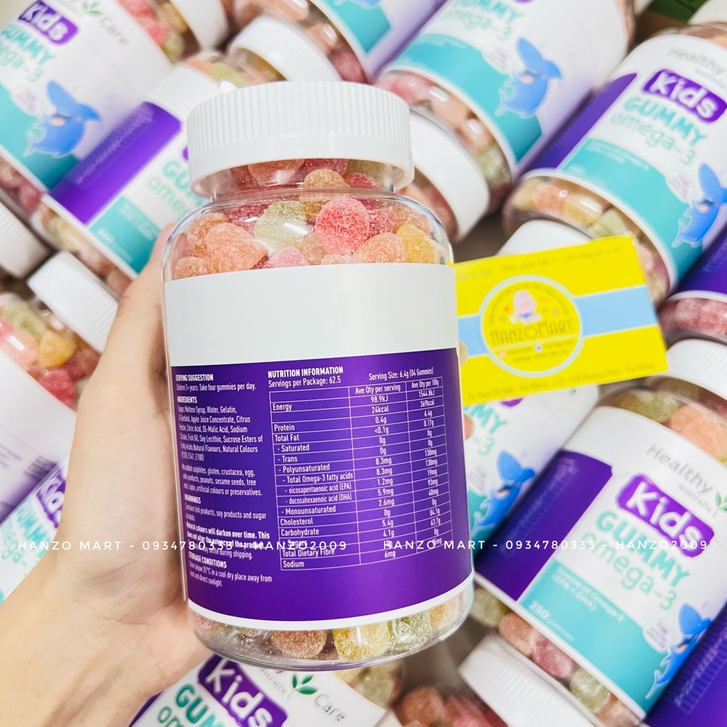 Kẹo Dẻo Dha Cho Bé Từ 2 Tuổi Healthy Care Gummy Omega 3, Úc 250 Viên Hỗ Trợ Mắt Sáng, Thông Minh