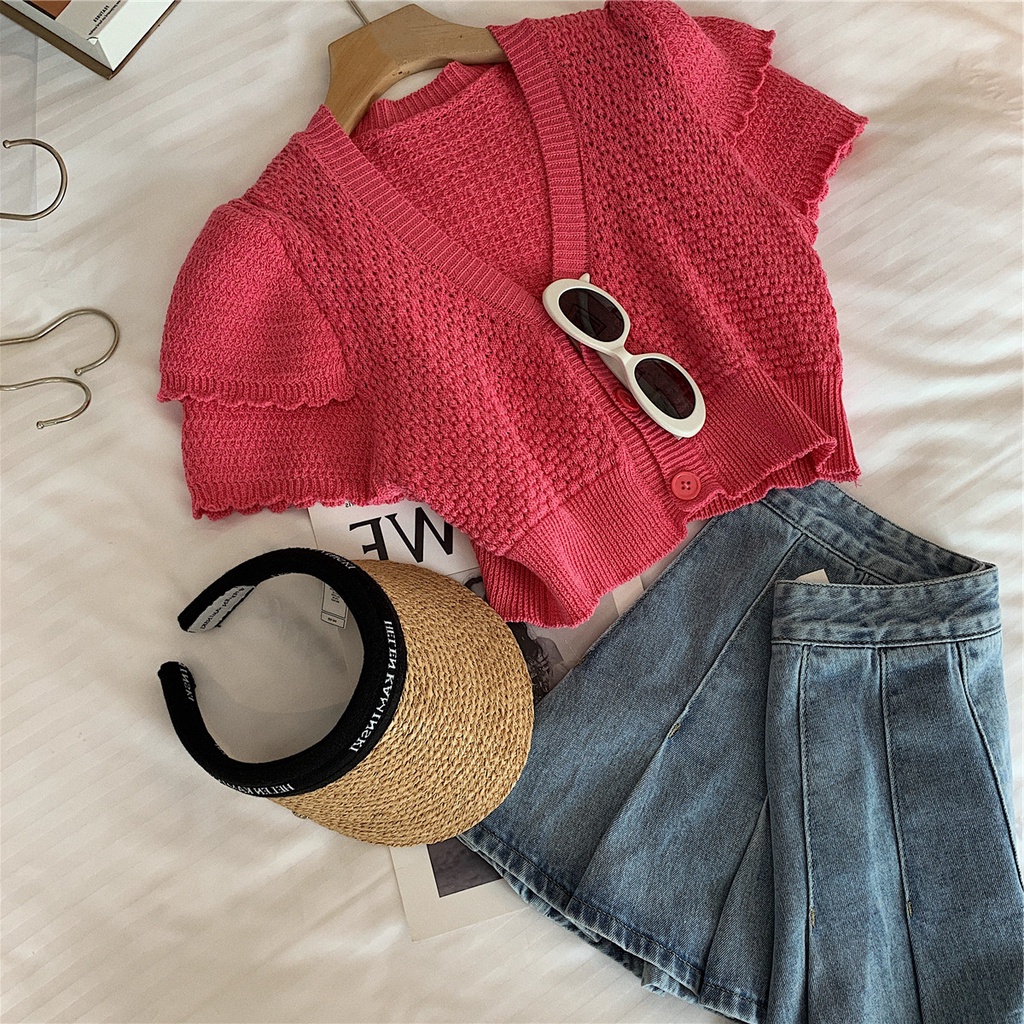 Áo Cardigan Dệt Kim Mỏng Dáng Ngắn Cổ Chữ v Thời Trang Mùa Hè Cho Nữ