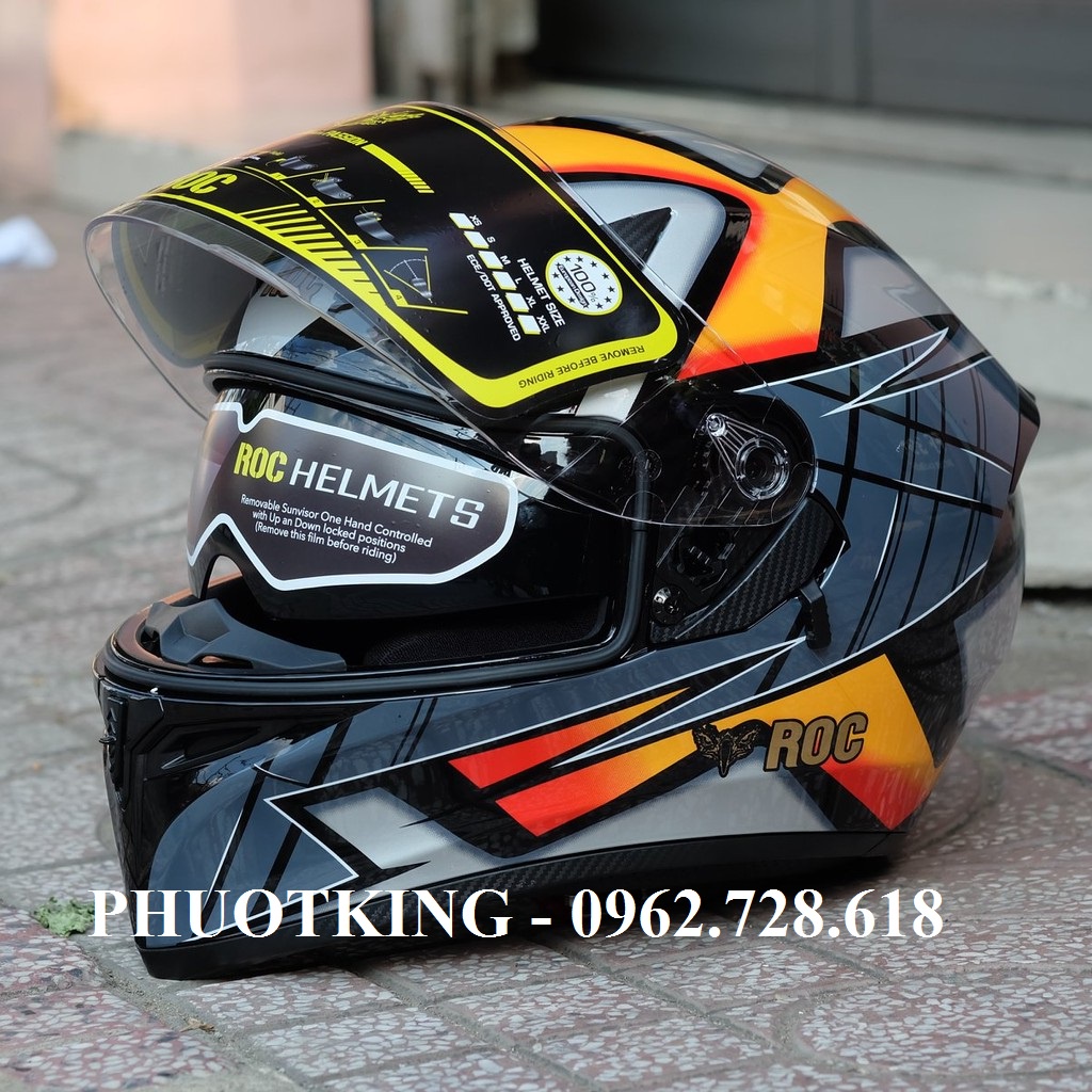 [Tặng thêm kính mầu] Mũ bảo hiểm fullface ROC 05 cam xám 2 kính siêu đẹp
