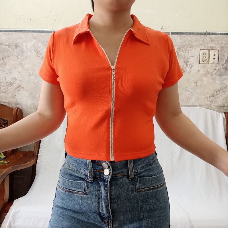 Áo Croptop Nữ Thiết Kế Cổ Sơ Mi Có Dây Kéo Trước Chất Thun Co Giãn Nhiều Màu Sắc Đỏ,đen, Trắng