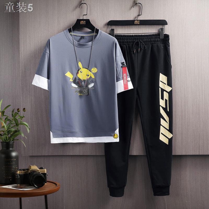 ☸○❁Pikachu 12 bé trai bộ đồ cotton ngắn tay mùa hè 13 thương hiệu phương Tây trẻ em trung niên 15 tuổi 14 2 mảnh