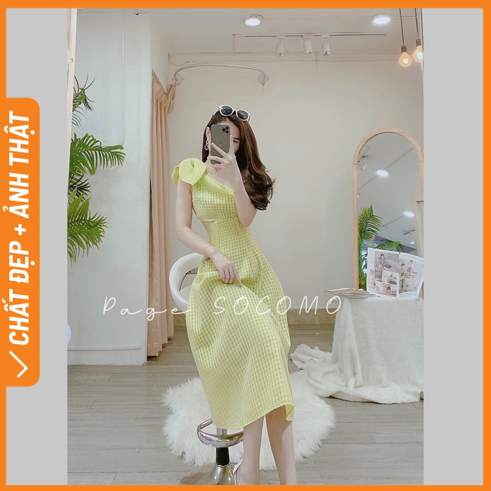 Đầm váy xốp thắt nơ vai dự tiệc dáng dài dự tiệc Socomo V902022 - Hàng loại 1, chất đẹp- Giá tốt