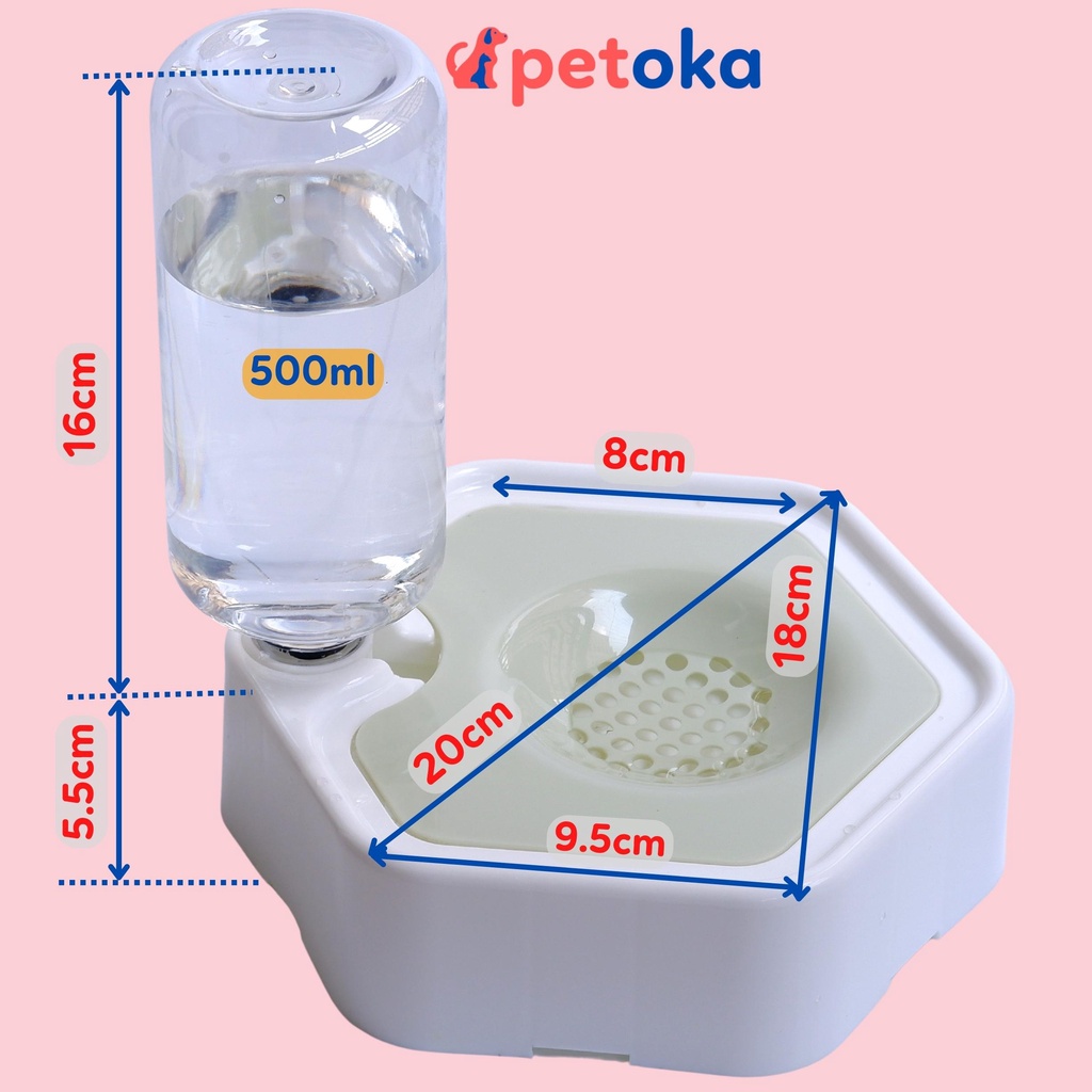 Bát cho chó mèo ăn, khay nước tự động lắp ghép thành bộ cho thú cưng kèm bình 500ml Petoka