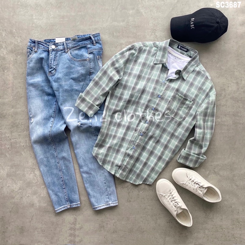 Áo sơmi nam dài tay có túi sọc caro