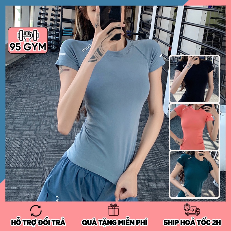 Áo tập gym yoga nữ AC09 dáng áo thể thao ngắn tay cổ tròn chất dệt cao cấp co giãn thoáng mát