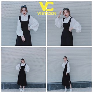 Set Váy Yếm Xẻ Kèm Sơ Mi Tay Bồng Tiểu Thư Hot Trend - VIETCEN