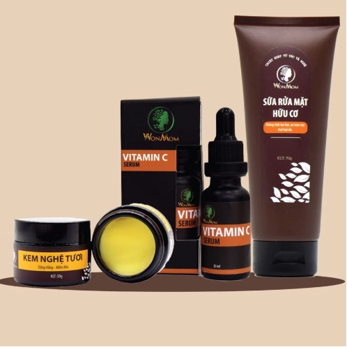 Bộ dưỡng trắng da mặt chuyên sâu Wonmom [1 sữa rửa mặt + 1 serum vitamin C + 1 kem nghệ tươi ]