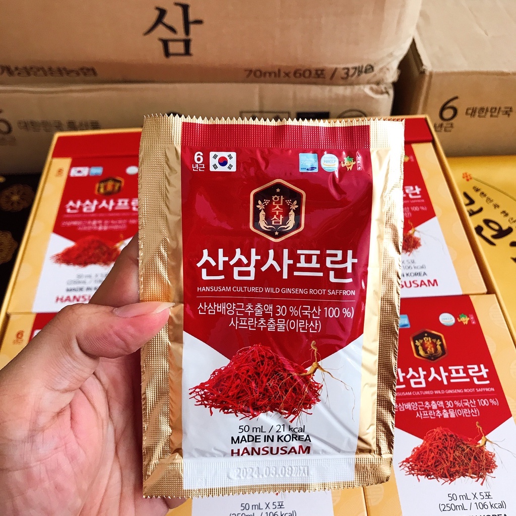 Nước Hồng Sâm Núi Nhụy Hoa Nghệ Tây Saffron Hansusam 365 Hàn Quốc, Hộp 30 Gói x 50ml