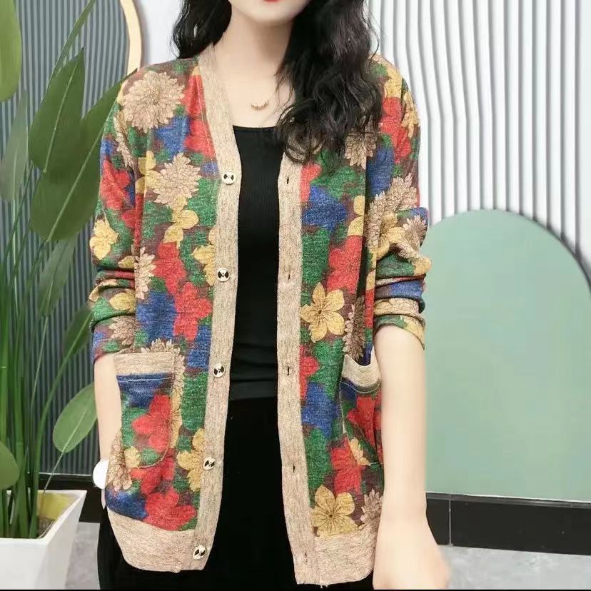 Áo Khoác Cardigan Dệt Kim Tay Dài Dáng Rộng Thời Trang Cho Phụ Nữ Trung Niên