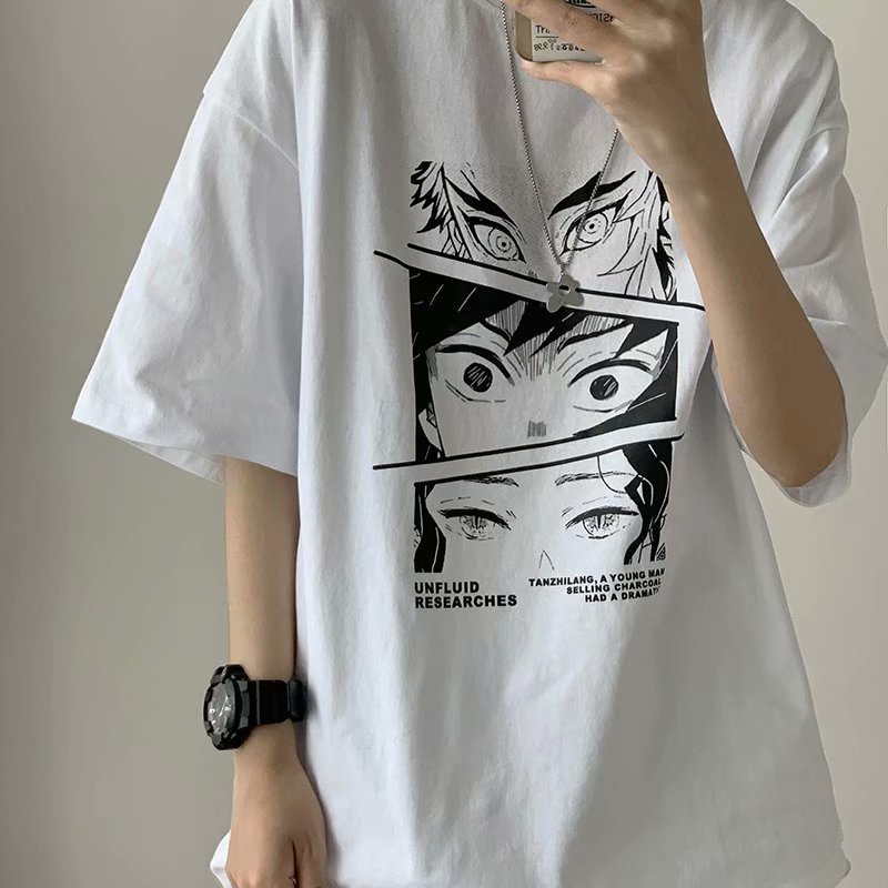 Áo thun tay ngắn dáng rộng in họa tiết hoạt hình phong cách Nhật Bản thời trang cho nam size M-5XL