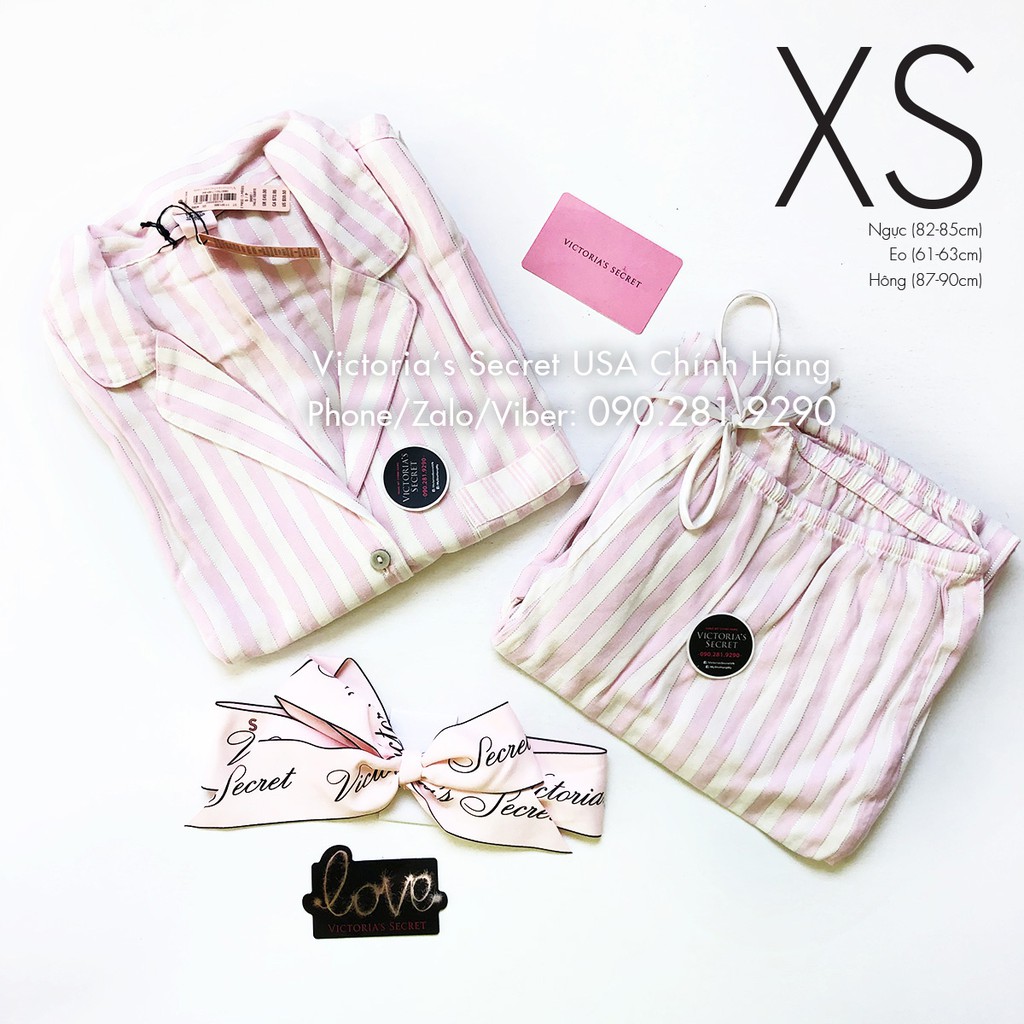 (Size XS) - Bộ đồ ngủ dài (16) sọc hồng trắng, chất vải Flannel, Pink White Stripe - VS USA