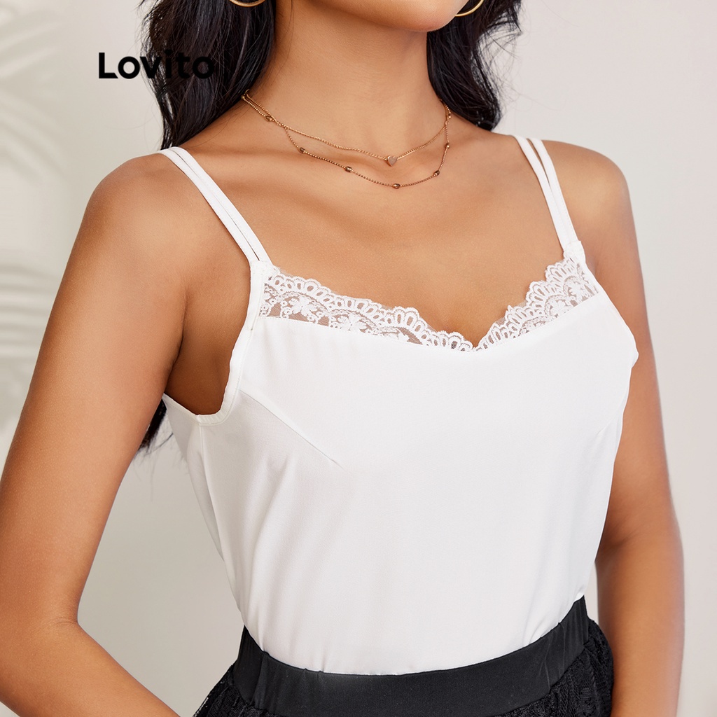 Áo sát nách Lovito màu trơn thiết kế cổ chữ V màu tương phản phong cách lãng mạn L27LD141 (màu trắng)