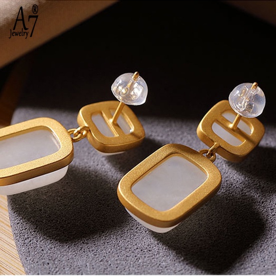 Bông Tai Bạc A7 S925 Đính Đá Ngọc Bích Hình Vuông Thời Trang Cho Nữ