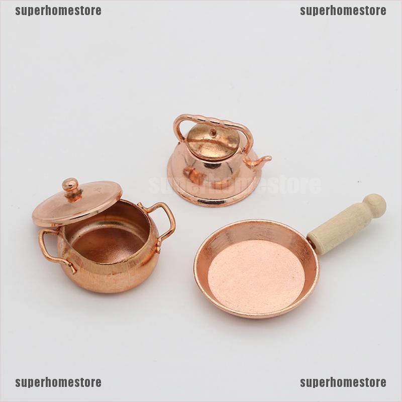 [superhomestore]1:12 Dollhouse miniature bronze frying pan pot kettle cooking kit