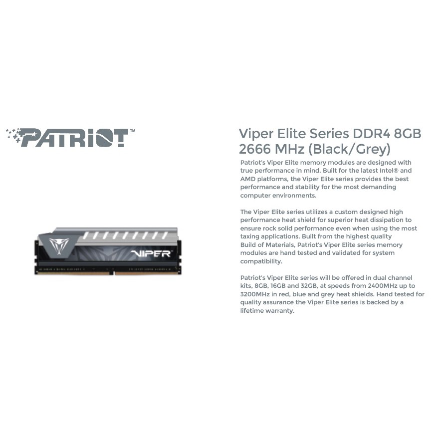 Ram PC (8GB DDR4 1x8G 2666) Patriot Viper Elite Grey cao cấp