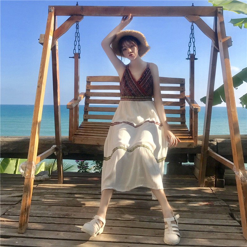 [SẴN] Váy maxi thổ cẩm mix chân trắng xòe | BigBuy360 - bigbuy360.vn