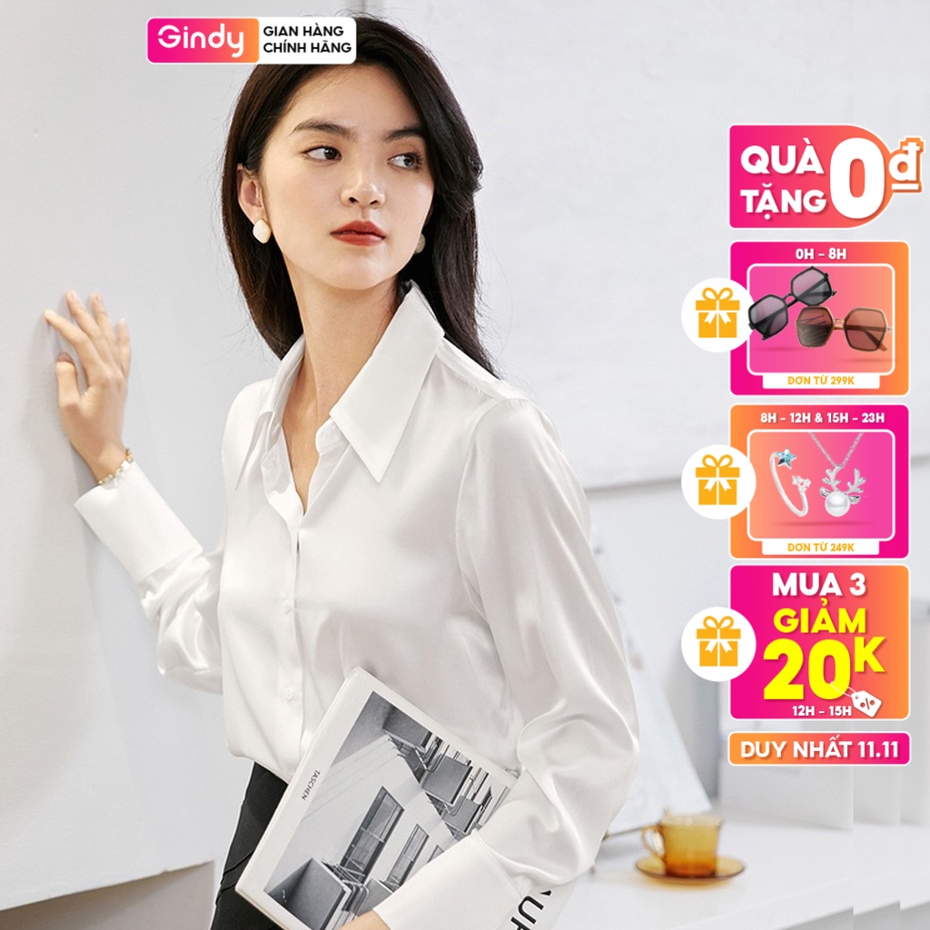 Áo sơ mi nữ GINDY vải lụa Pháp trơn bóng cổ bẻ dài tay dáng basic sang chảnh thời trang nữ công sở A10055