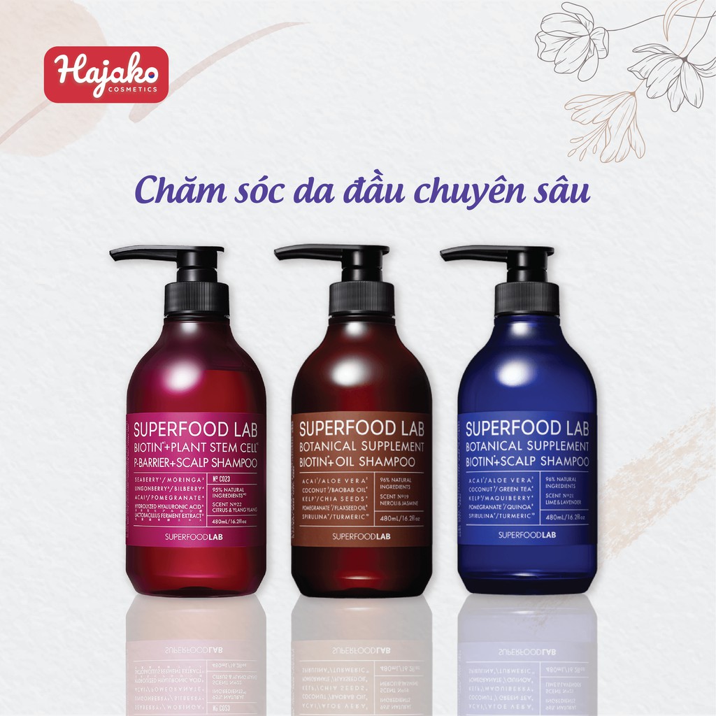 Combo Dầu Gội, Xả Và Chăm Sóc Da Đâu Dành Cho Tóc Dầu SUPERFOOD LAB BOTANICAL SUPPLEMENT BIOTIN+SCALP 480ml HAJAKO