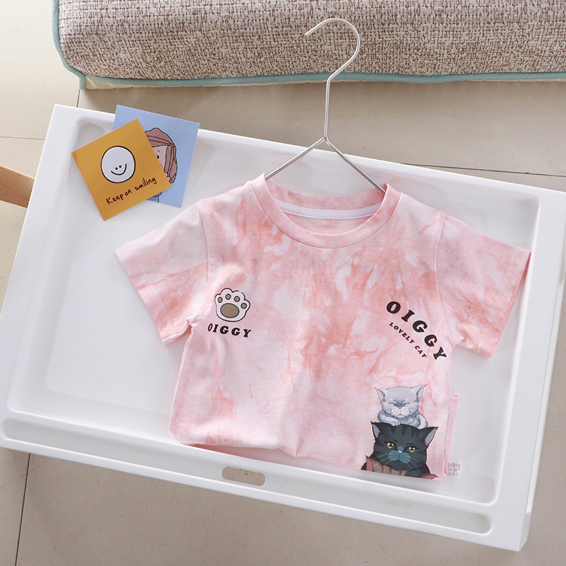 Áo Thun Tay Ngắn Vải Cotton Thoáng Khí In Hoạt Hình Mèo Kiểu Hàn Quốc Thời Trang Mùa Hè Cho Bé